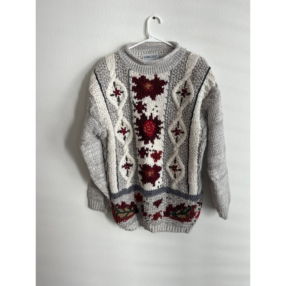 Cabin‎ Creek Vintage Floral Cable Knit Sweater Gray Burgundy Ramie Blend XL